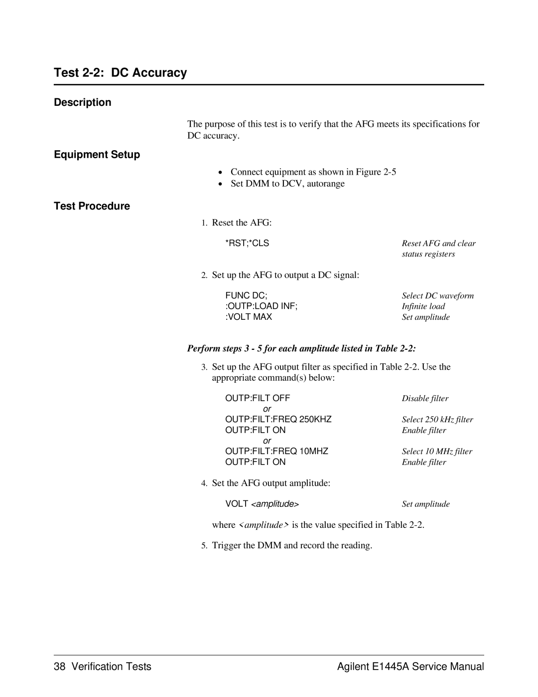 Agilent Technologies 75000 Series C, E1445A service manual Test 2-2 DC Accuracy, Set up the AFG to output a DC signal 