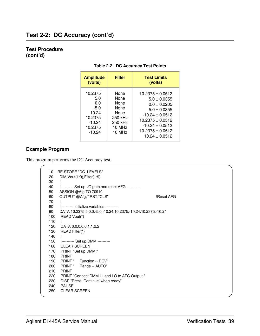 Agilent Technologies E1445A Test 2-2 DC Accuracy cont’d, This program performs the DC Accuracy test, 10! RE-STORE Dclevels 