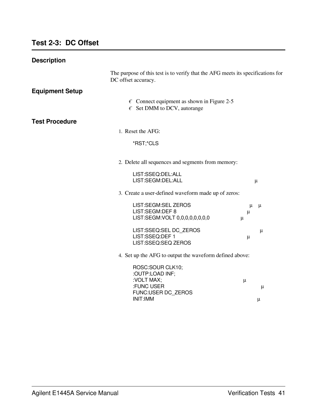 Agilent Technologies E1445A, 75000 Series C service manual Test 2-3 DC Offset, Reset the AFG 