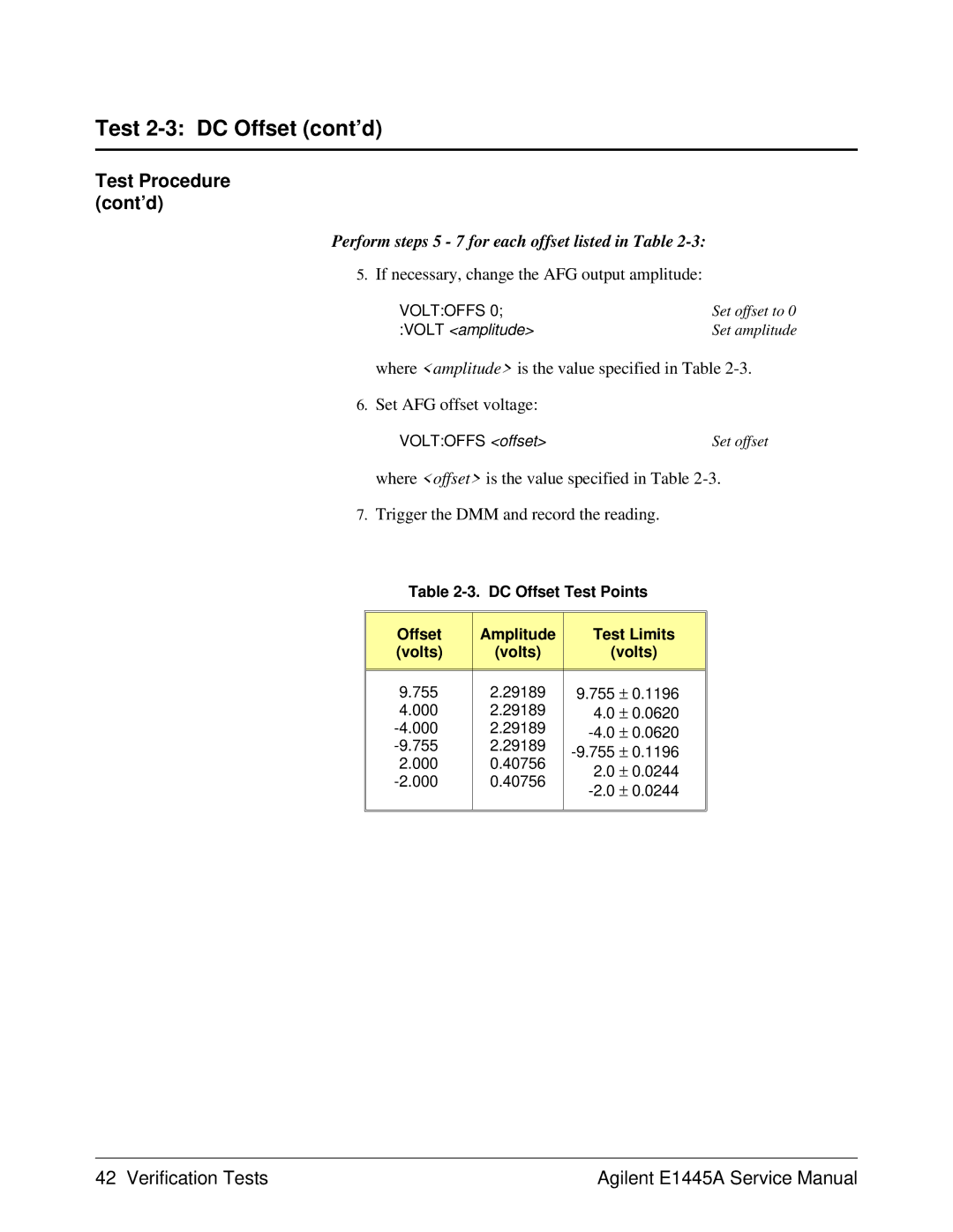 Agilent Technologies 75000 Series C, E1445A Test 2-3 DC Offset cont’d, If necessary, change the AFG output amplitude 