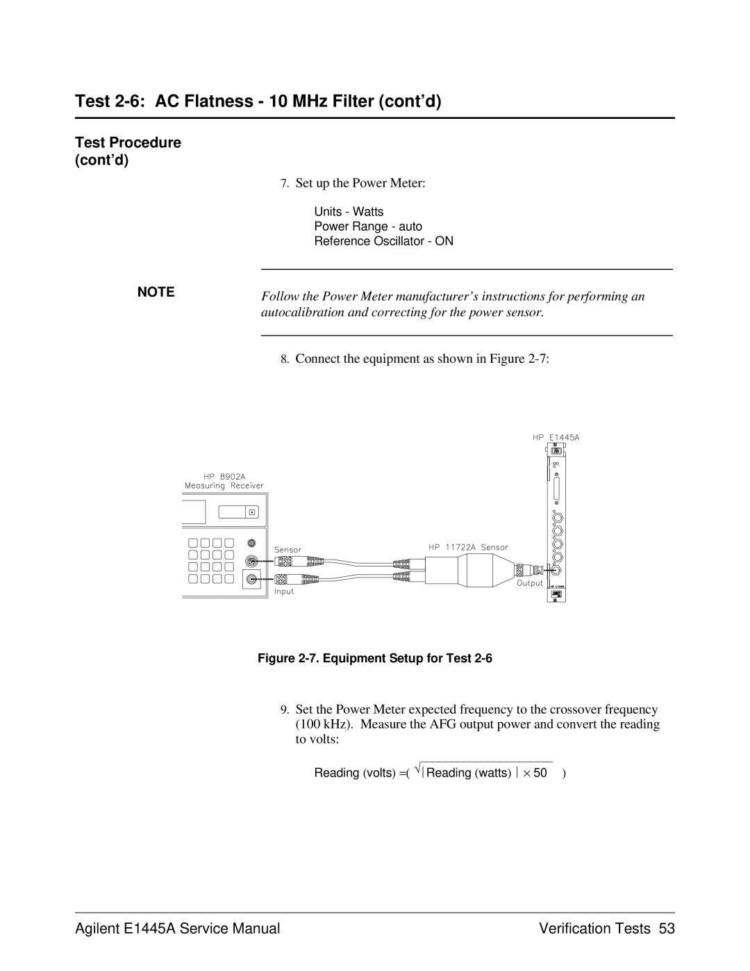 Agilent Technologies E1445A, 75000 Series C service manual Test 2-6 AC Flatness 10 MHz Filter cont’d, Set up the Power Meter 