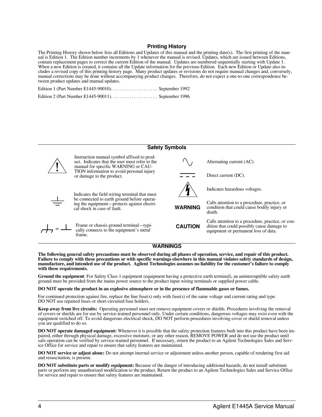 Agilent Technologies 75000 Series C, E1445A service manual Printing History, Safety Symbols 