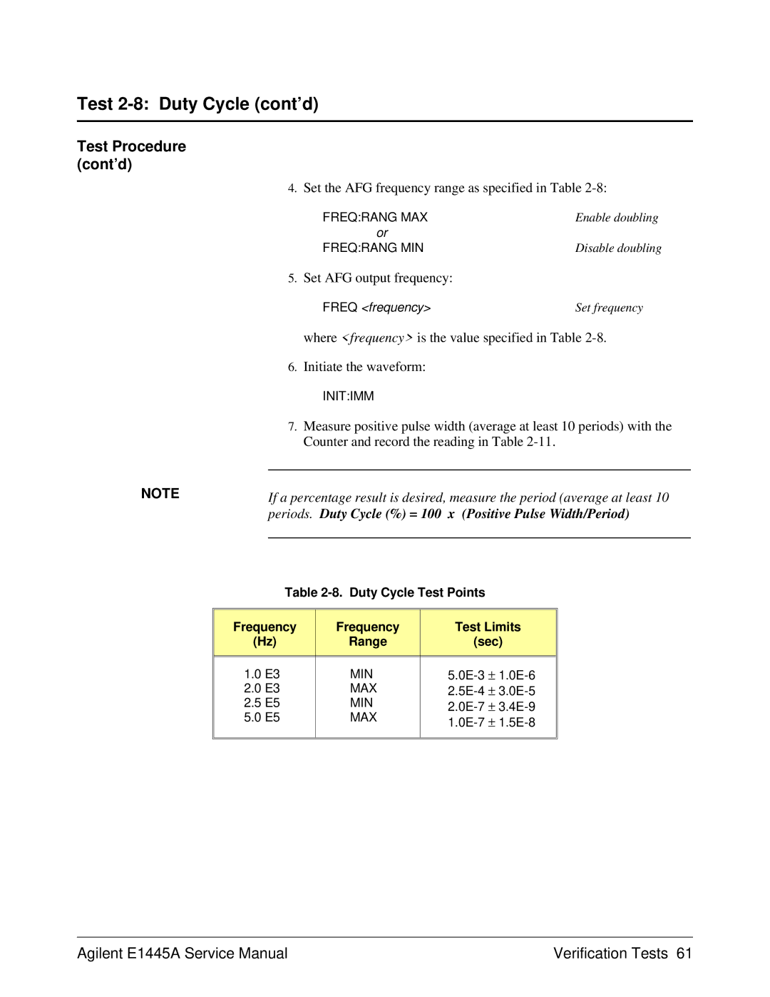 Agilent Technologies E1445A, 75000 Series C Test 2-8 Duty Cycle cont’d, Set the AFG frequency range as specified in Table 