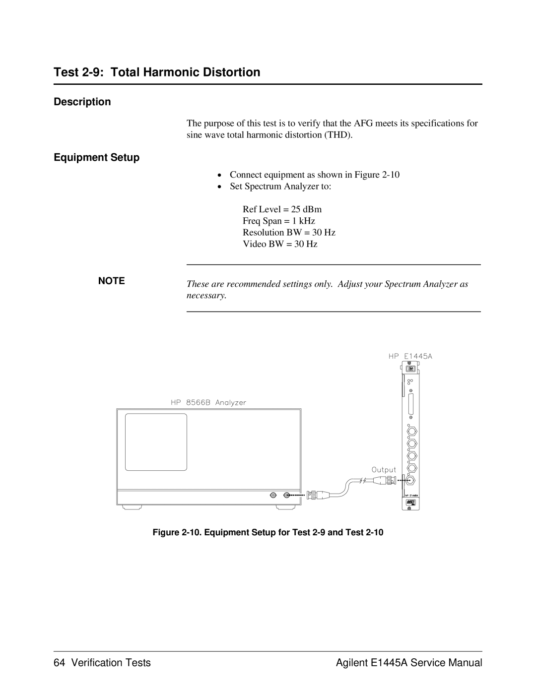 Agilent Technologies 75000 Series C, E1445A Test 2-9 Total Harmonic Distortion, Equipment Setup for Test 2-9 and Test 