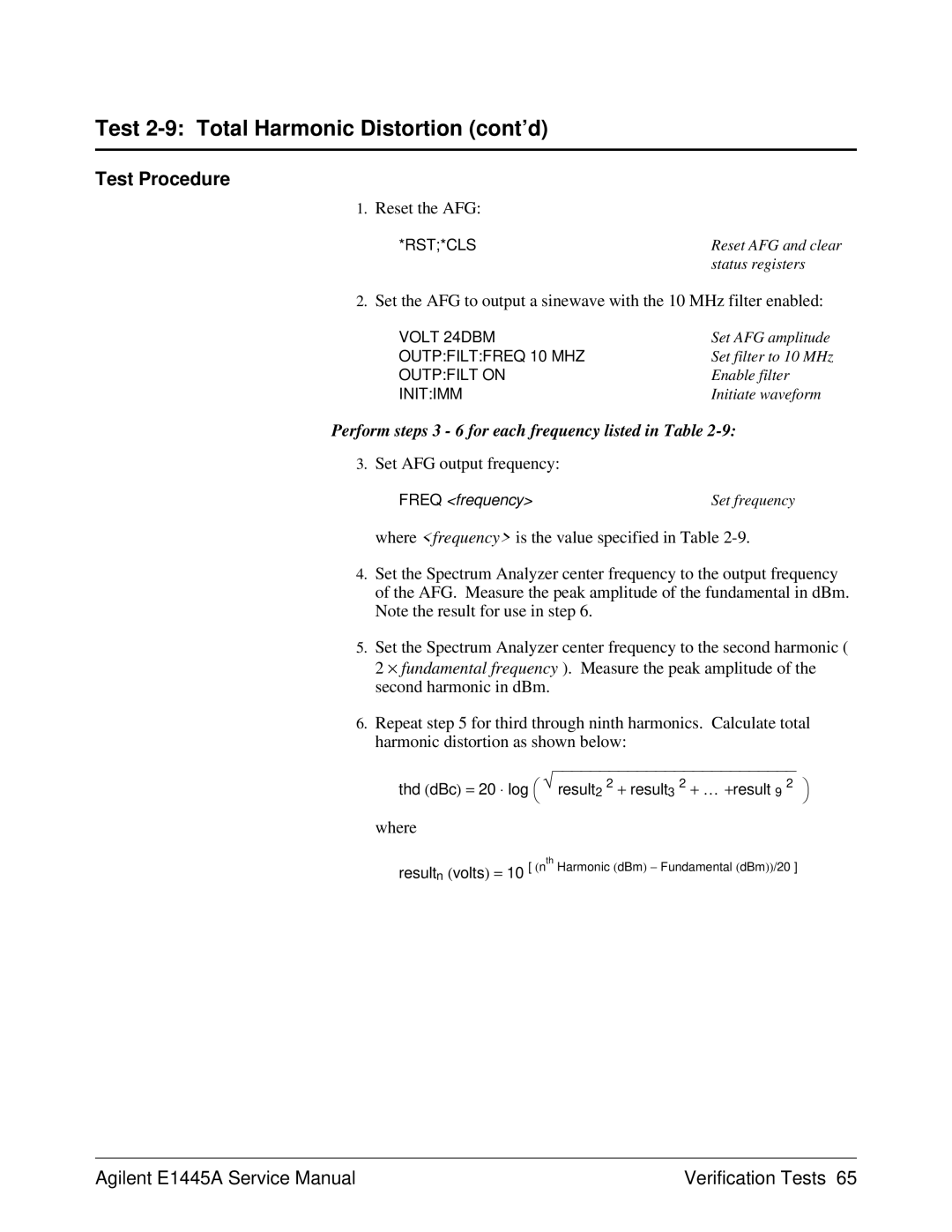 Agilent Technologies E1445A, 75000 Series C service manual Test 2-9 Total Harmonic Distortion cont’d, Where 