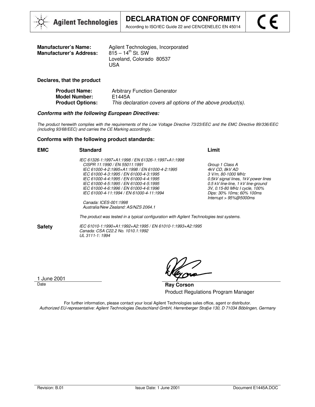 Agilent Technologies E1445A, 75000 Series C service manual Declaration of Conformity 