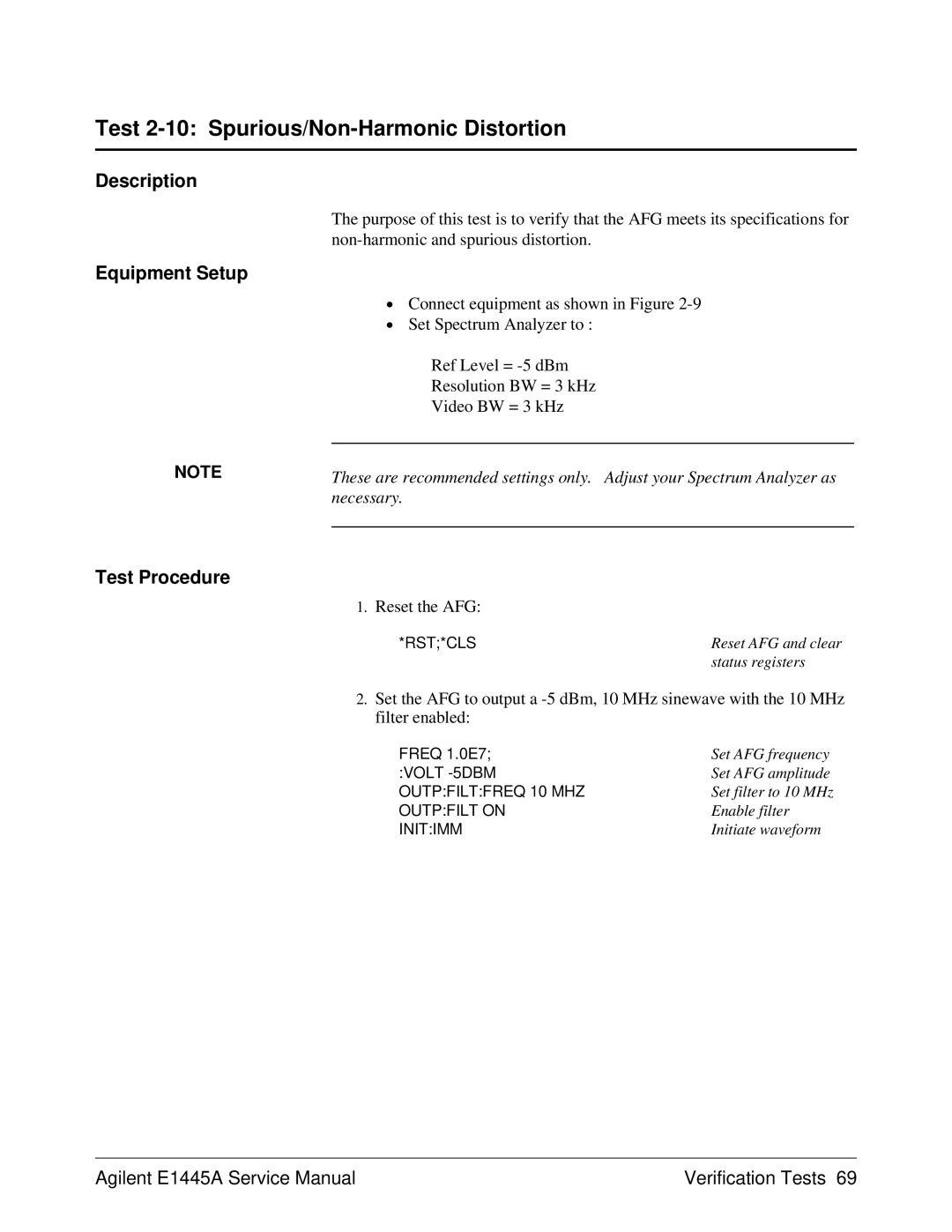 Agilent Technologies E1445A, 75000 Series C Test 2-10 Spurious/Non-Harmonic Distortion, Description Equipment Setup 