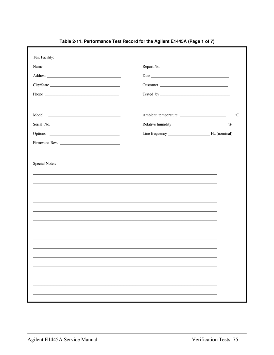 Agilent Technologies 75000 Series C service manual Performance Test Record for the Agilent E1445A Page 1 