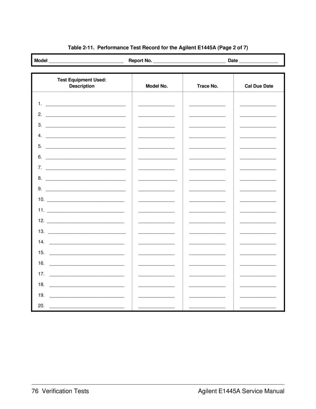 Agilent Technologies 75000 Series C service manual Performance Test Record for the Agilent E1445A Page 2 