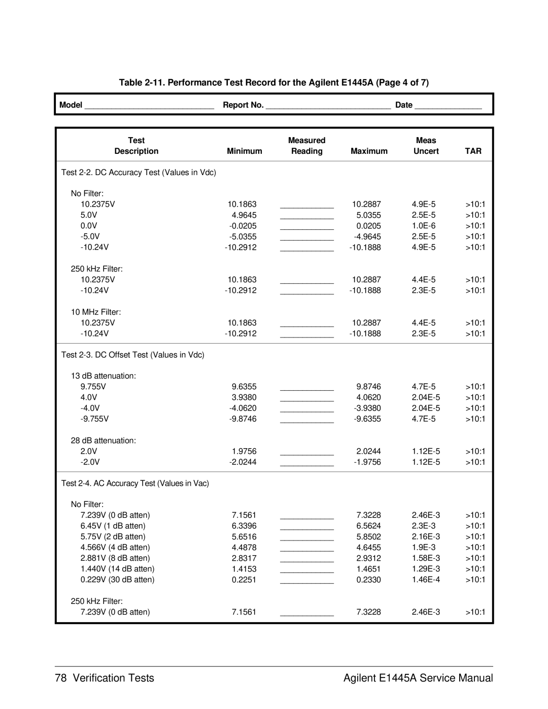 Agilent Technologies 75000 Series C service manual Performance Test Record for the Agilent E1445A Page 4 