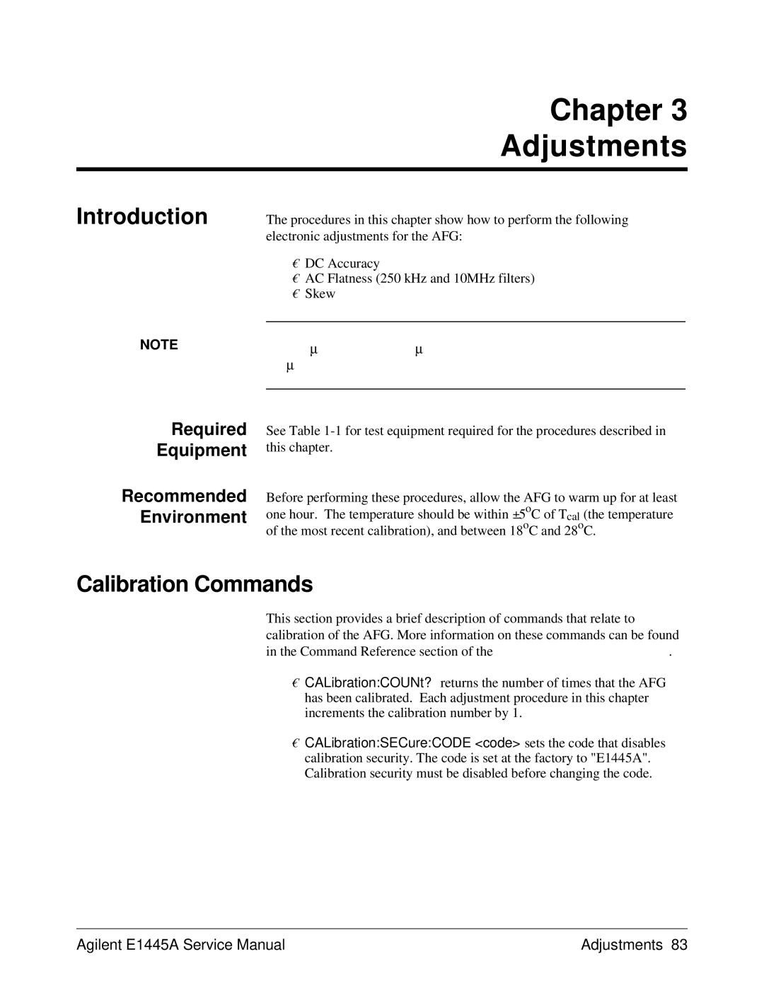 Agilent Technologies E1445A, 75000 Series C service manual Calibration Commands, Required Equipment Recommended Environment 