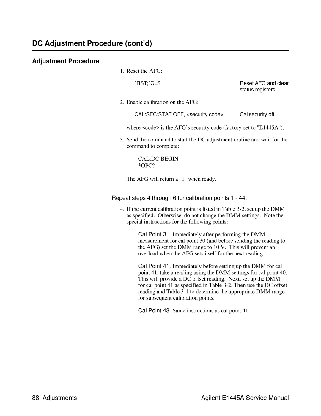 Agilent Technologies 75000 Series C, E1445A service manual DC Adjustment Procedure cont’d, Enable calibration on the AFG 