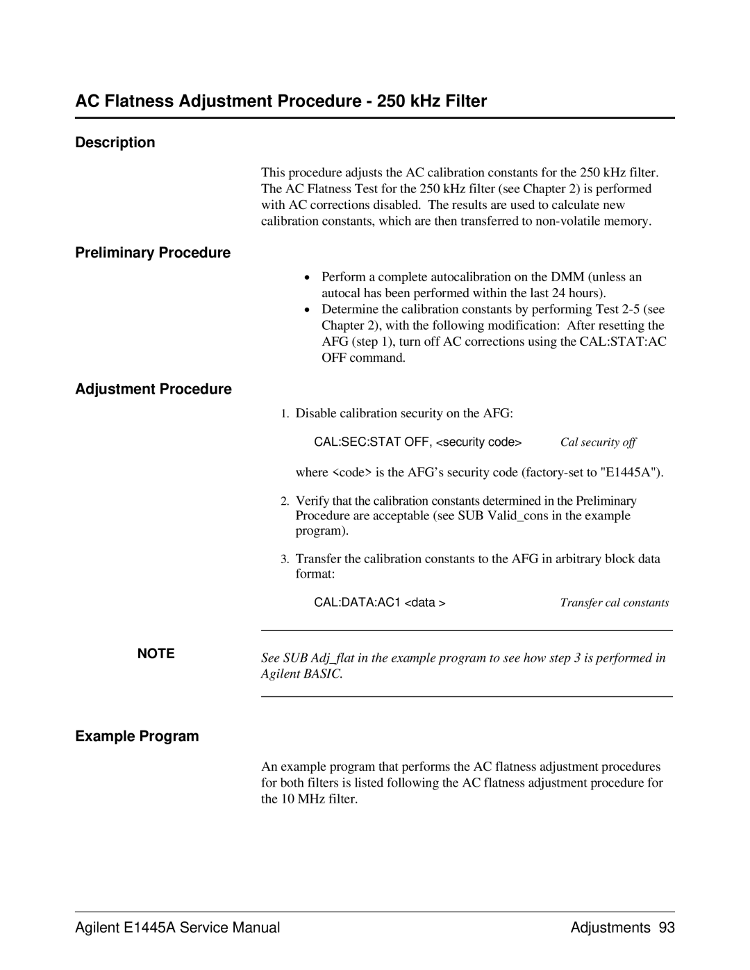 Agilent Technologies E1445A AC Flatness Adjustment Procedure 250 kHz Filter, Disable calibration security on the AFG 