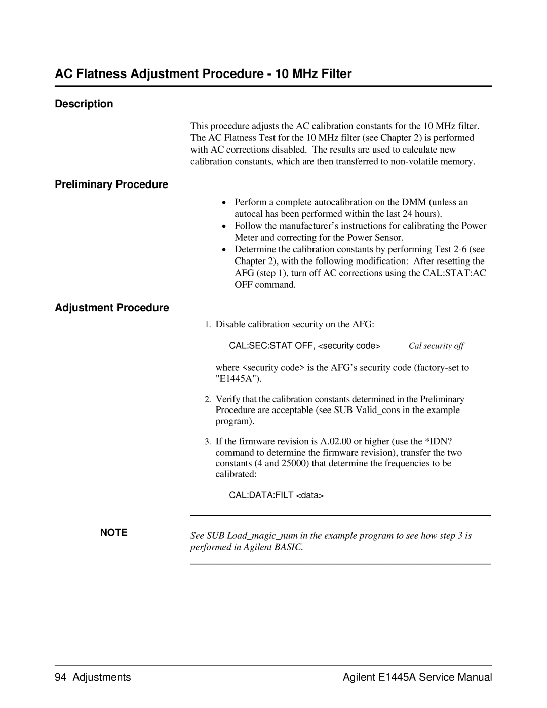 Agilent Technologies 75000 Series C, E1445A service manual AC Flatness Adjustment Procedure 10 MHz Filter 