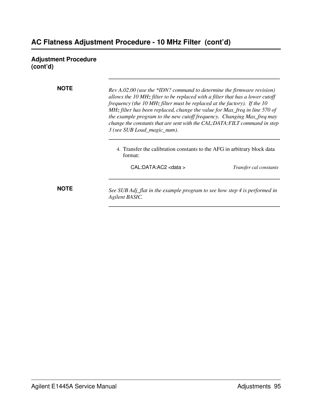 Agilent Technologies E1445A AC Flatness Adjustment Procedure 10 MHz Filter cont’d, Adjustment Procedure cont’d 