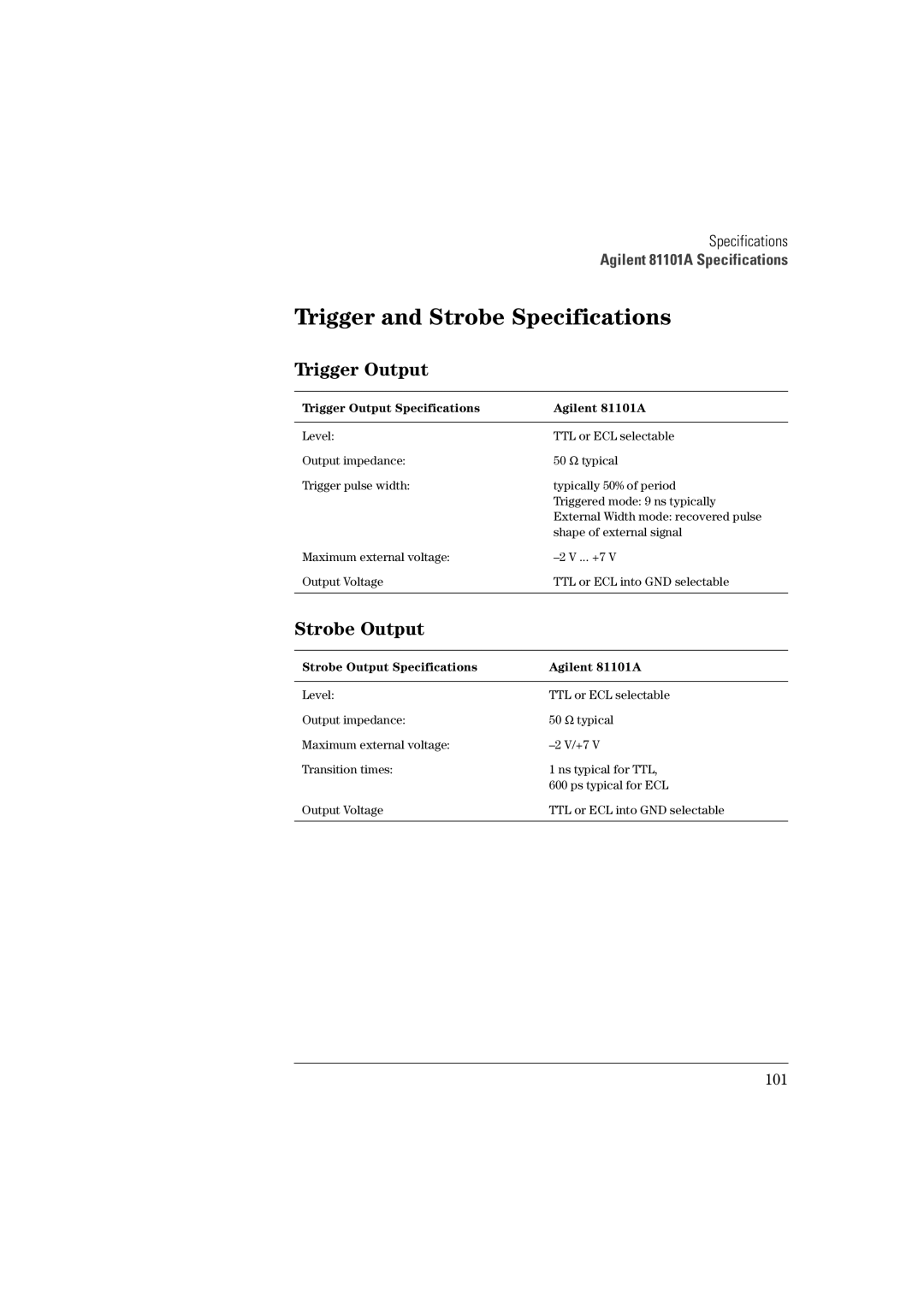 Agilent Technologies manual Strobe Output, Trigger Output Specifications Agilent 81101A 