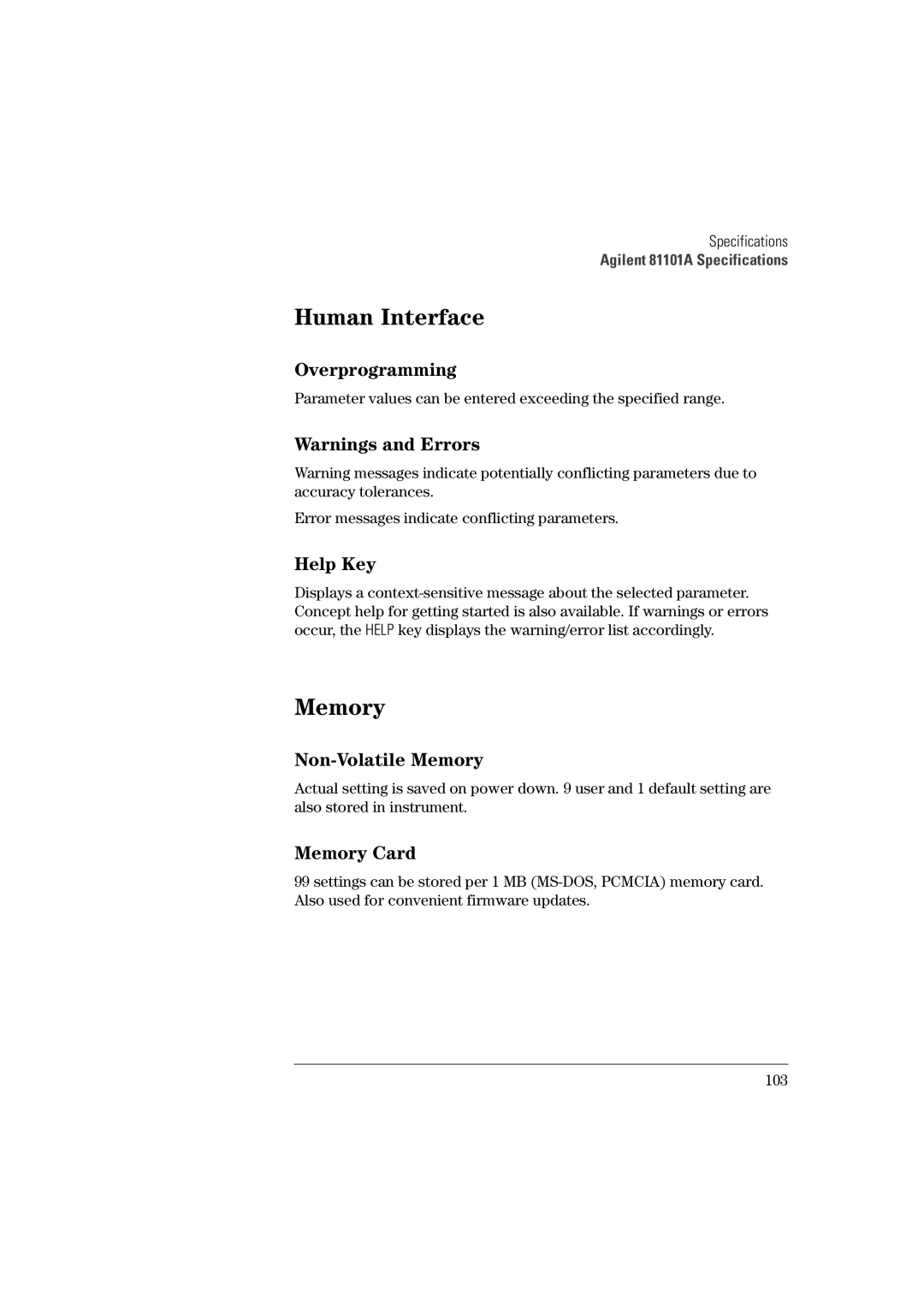 Agilent Technologies 81101A manual Overprogramming, Help Key, Non-Volatile Memory, Memory Card 