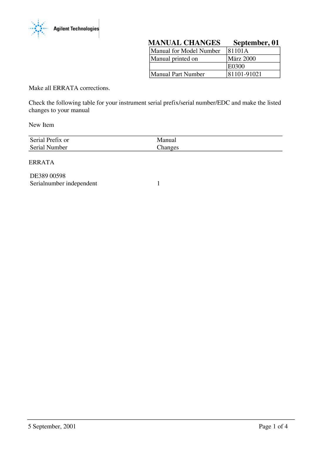 Agilent Technologies 81101A manual Manual Changes 