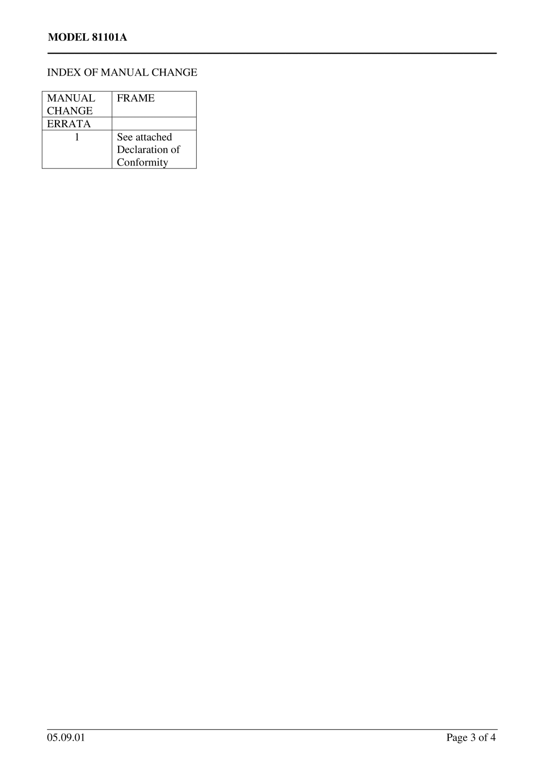 Agilent Technologies 81101A manual Index of Manual Change Manual Frame Errata 