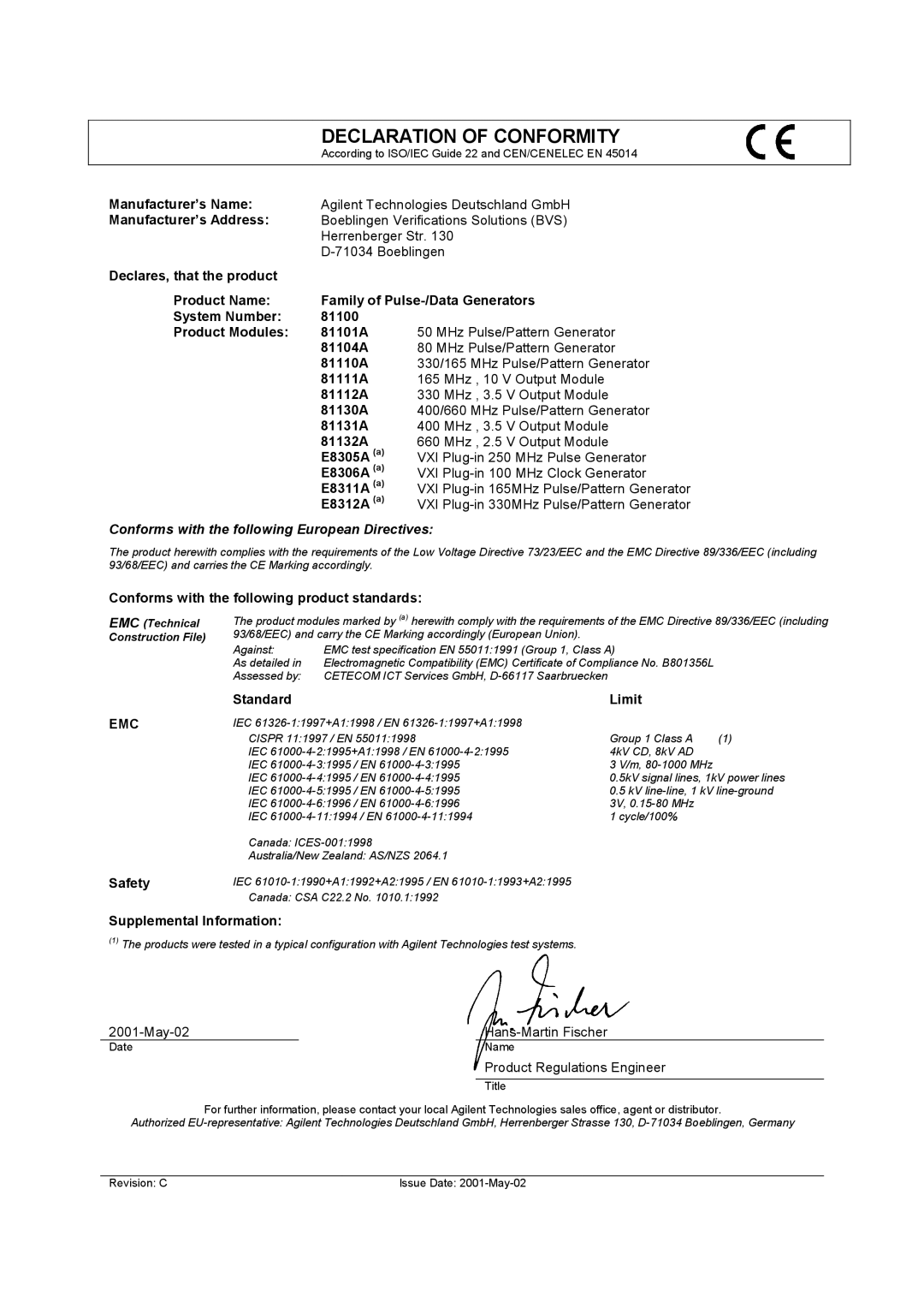 Agilent Technologies 81101A manual Declaration of Conformity 