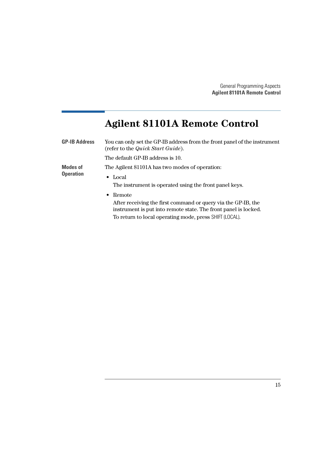 Agilent Technologies manual Agilent 81101A Remote Control 