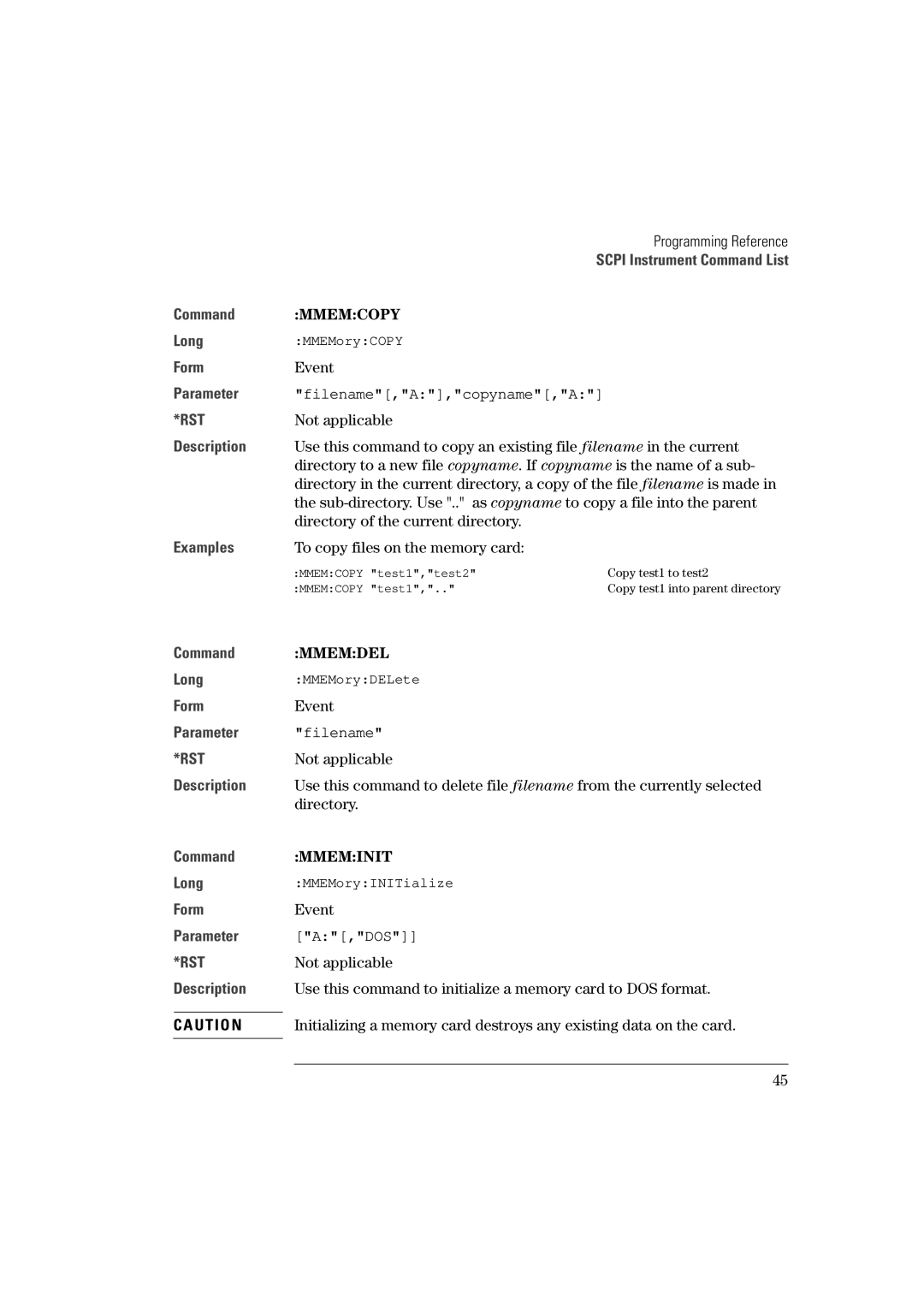 Agilent Technologies 81101A manual Mmemcopy, Mmemdel, Mmeminit 