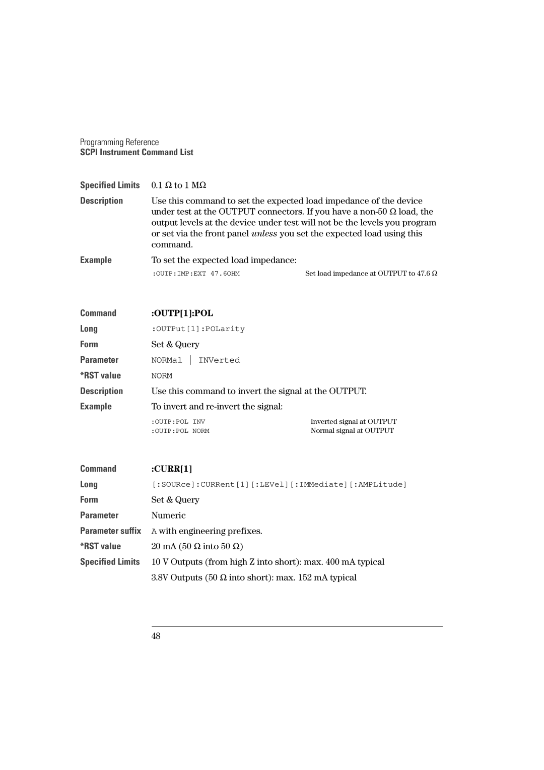 Agilent Technologies 81101A manual OUTP1POL, NORMal INVerted, CURR1 