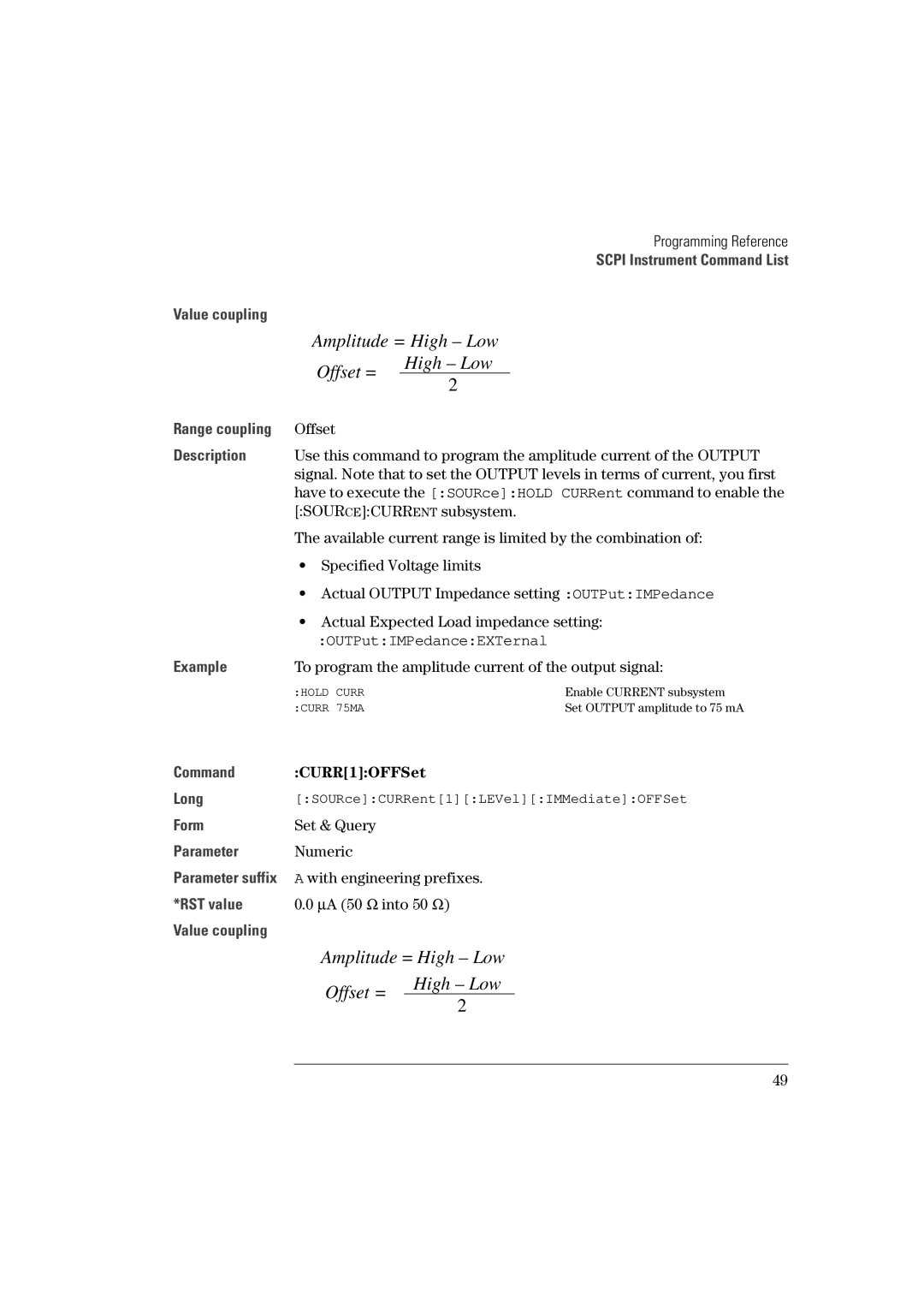 Agilent Technologies 81101A manual Offset, OUTPutIMPedanceEXTernal, To program the amplitude current of the output signal 