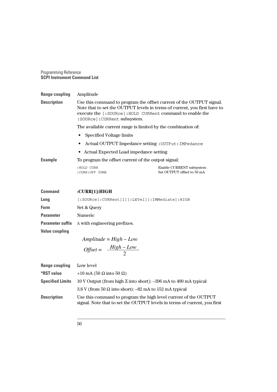 Agilent Technologies 81101A manual SOURceCURRent subsystem, CURR1HIGH 