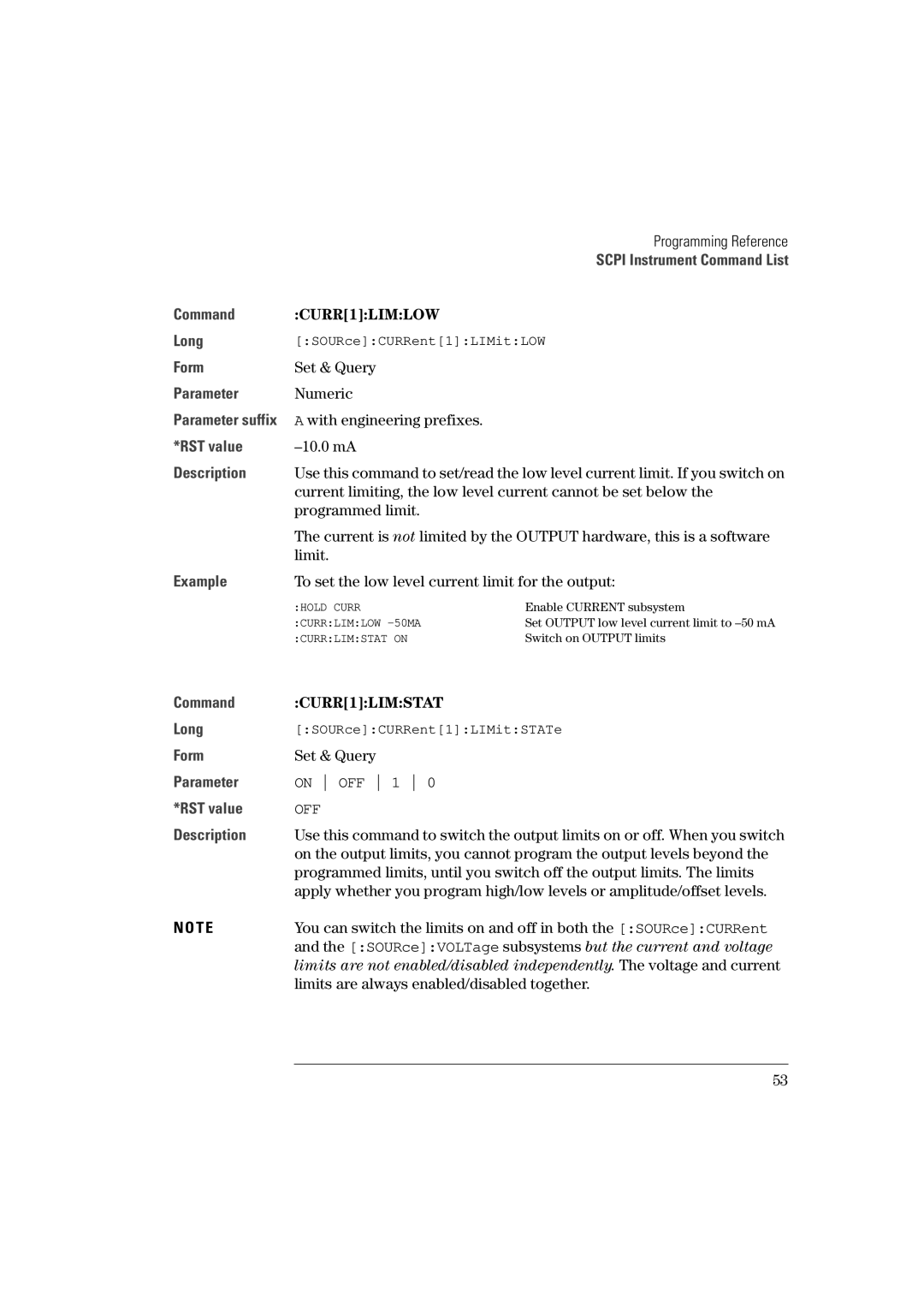 Agilent Technologies 81101A manual CURR1LIMLOW, CURR1LIMSTAT 