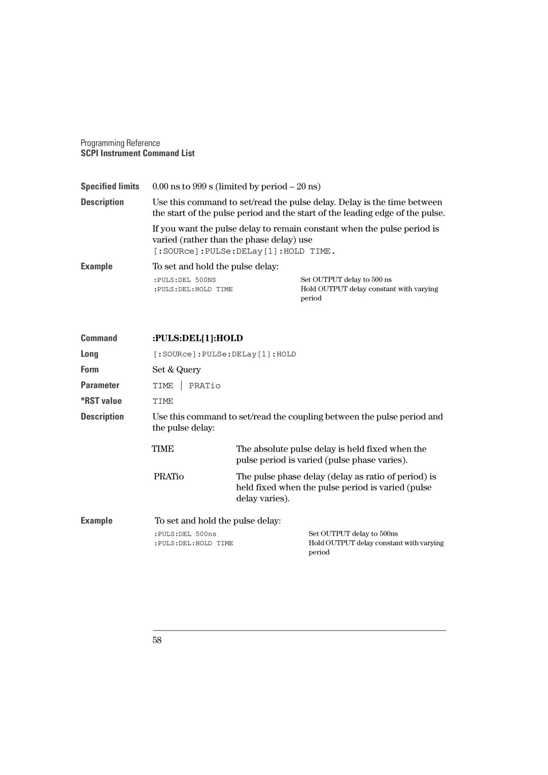 Agilent Technologies 81101A manual SOURcePULSeDELay1HOLD Time, PULSDEL1HOLD, Time PRATio 