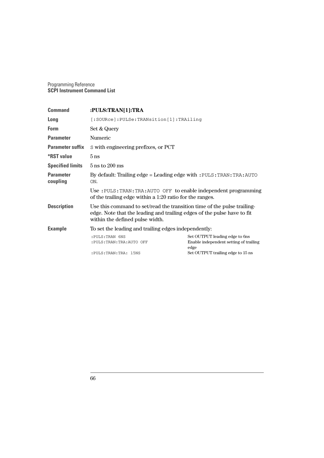 Agilent Technologies 81101A manual PULSTRAN1TRA, To set the leading and trailing edges independently 