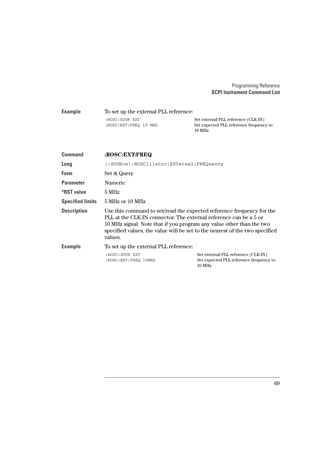 Agilent Technologies 81101A manual Roscextfreq, MHz or 10 MHz, Values, To set up the external PLL reference 