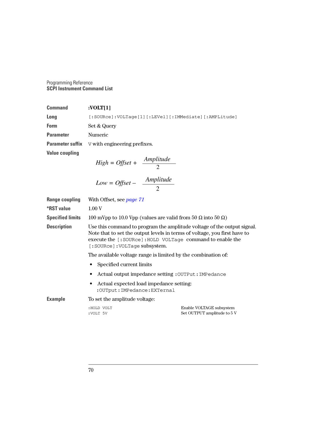 Agilent Technologies 81101A manual Numeric Parameter suffix V with engineering prefixes, SOURceVOLTage subsystem 