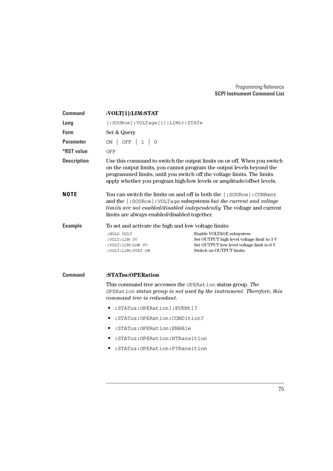 Agilent Technologies 81101A VOLT1LIMSTAT, To set and activate the high and low voltage limits, Command STATusOPERation 