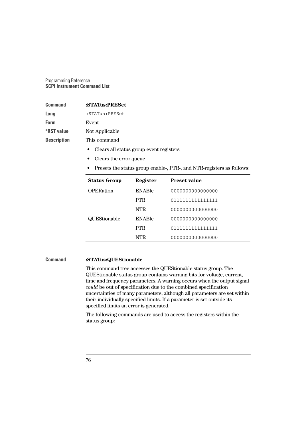 Agilent Technologies 81101A manual This command, Status Group Register, Ptr Ntr, Command STATusQUEStionable 