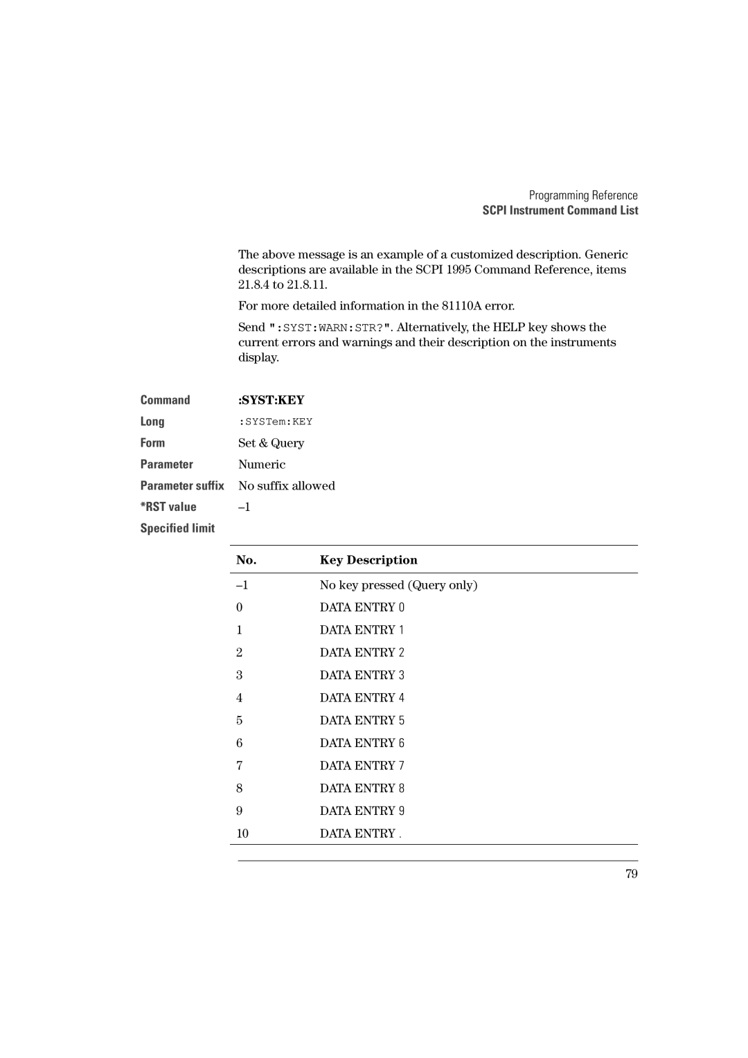 Agilent Technologies 81101A manual Systkey, No suffix allowed, Key Description, No key pressed Query only 