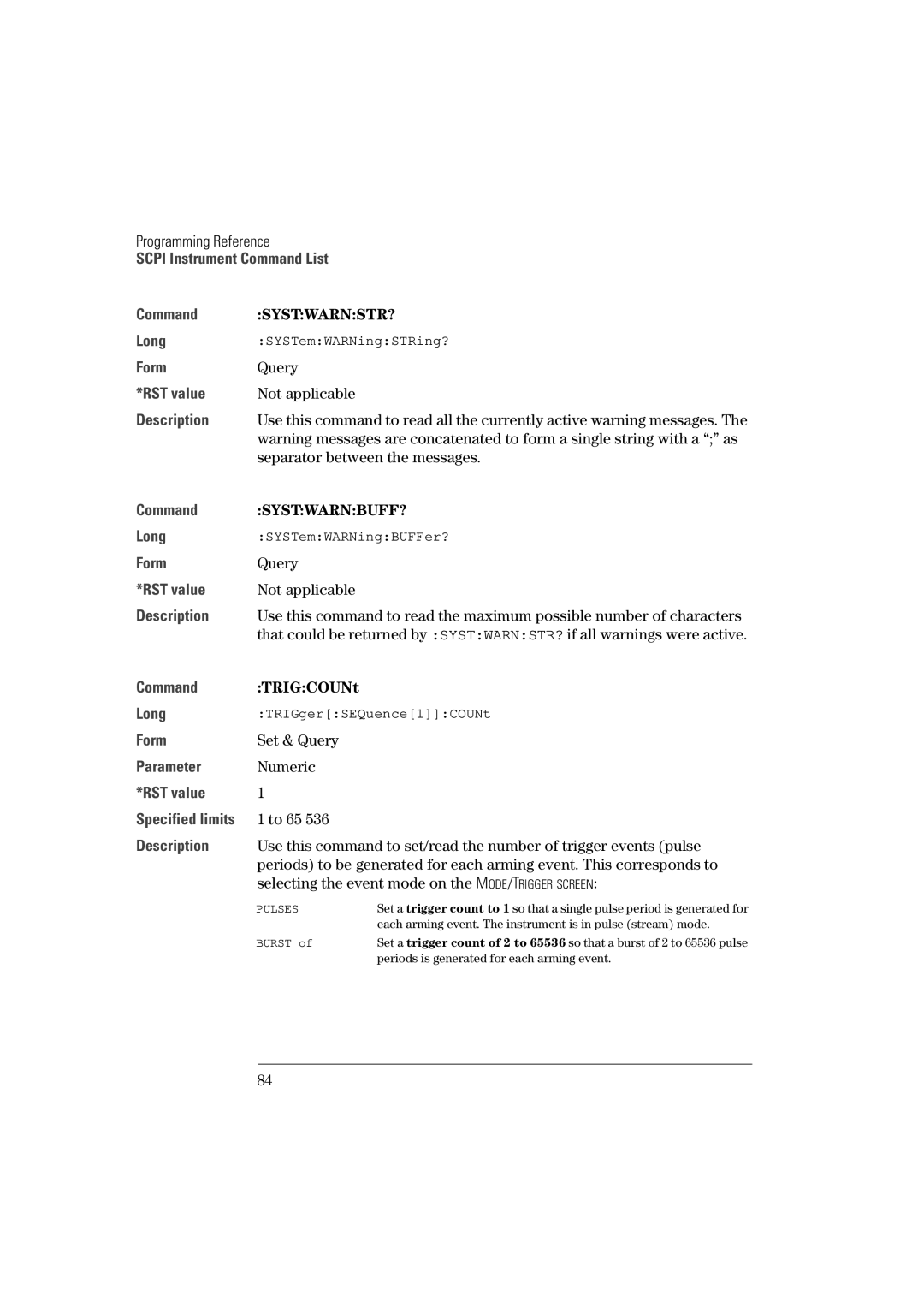 Agilent Technologies 81101A manual Systwarnstr?, Separator between the messages, Systwarnbuff?, TRIGCOUNt 