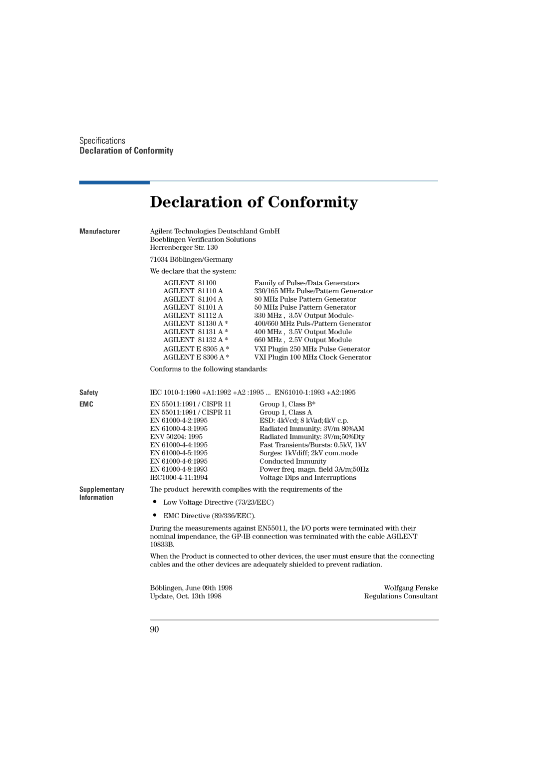 Agilent Technologies 81101A manual Declaration of Conformity, Agilent 81112 a 