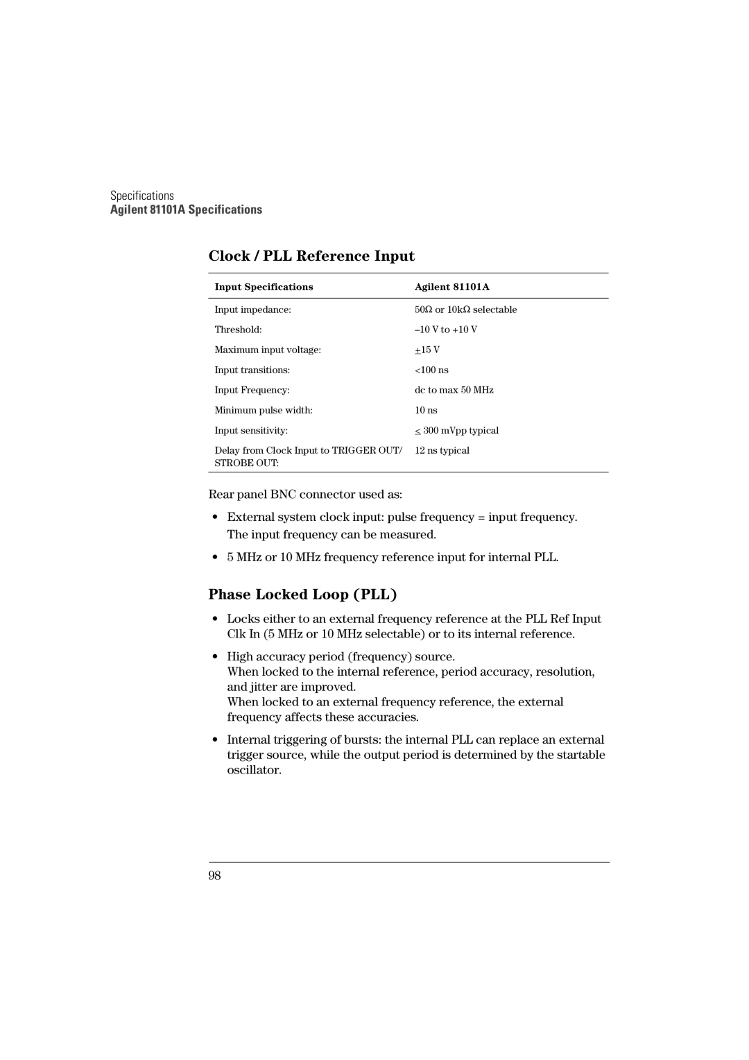 Agilent Technologies manual Clock / PLL Reference Input, Phase Locked Loop PLL, Input Specifications Agilent 81101A 