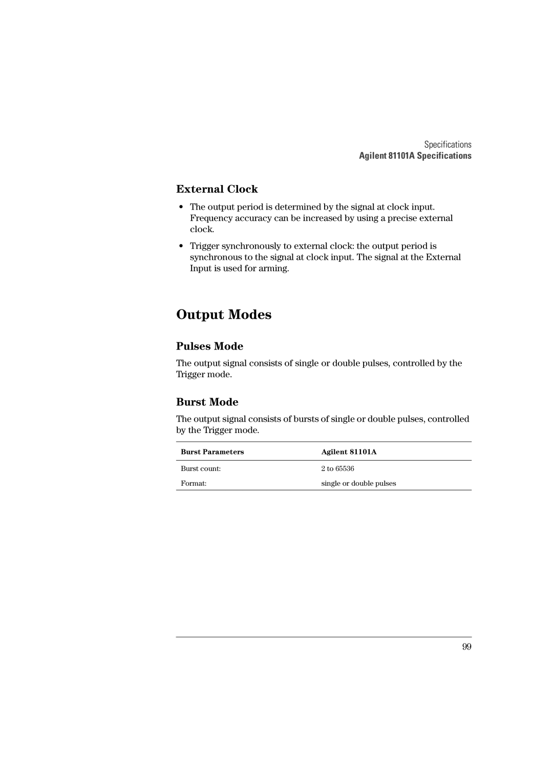 Agilent Technologies manual External Clock, Pulses Mode, Burst Mode, Burst Parameters Agilent 81101A 