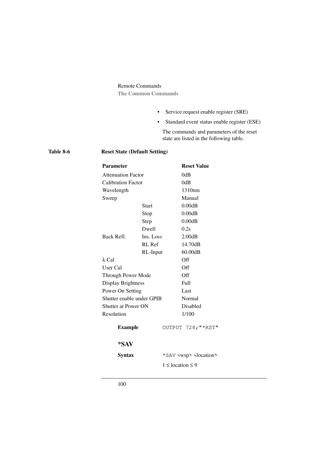 Agilent Technologies 8156A manual Sav, Reset State Default Setting Parameter Reset Value 