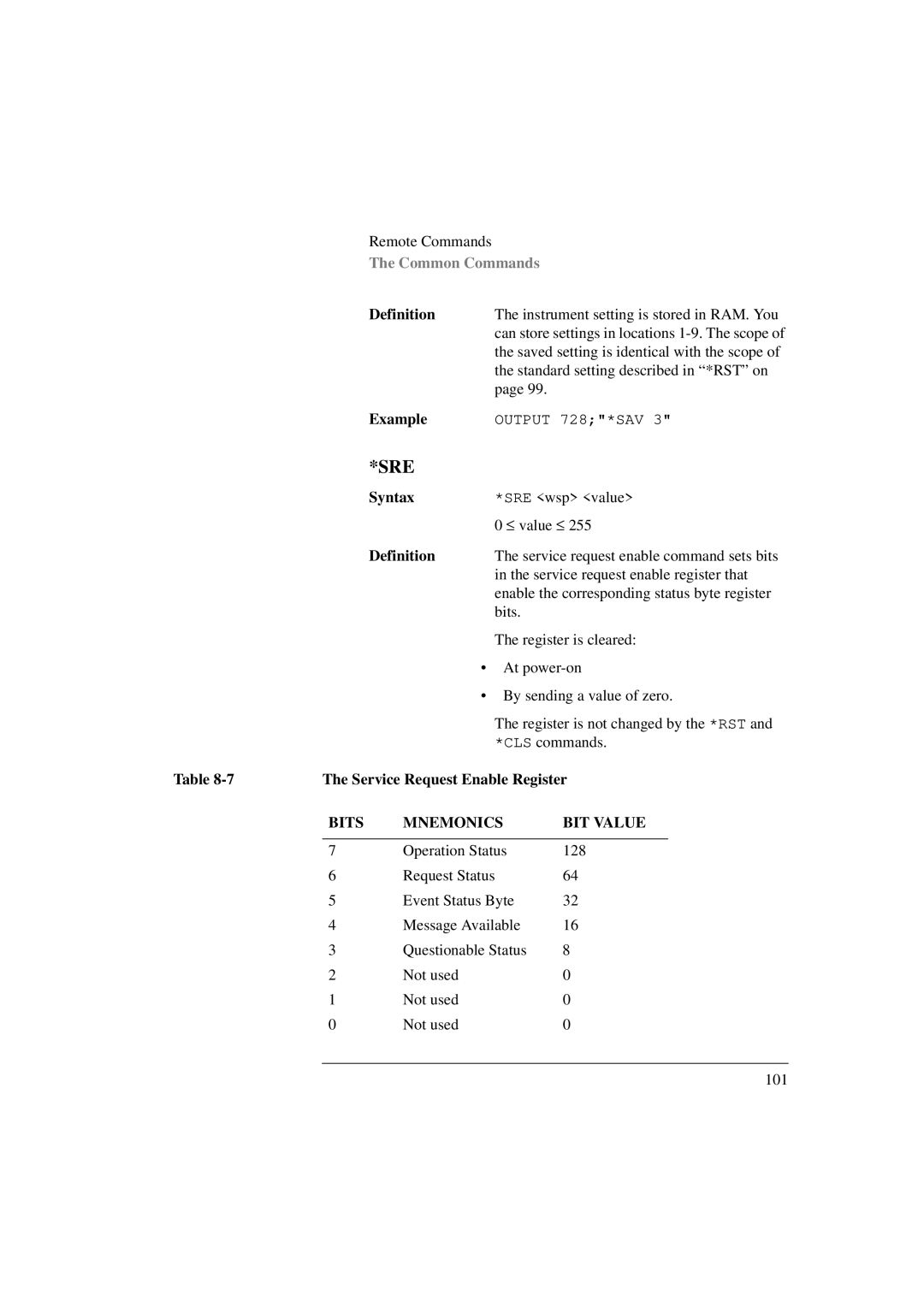 Agilent Technologies 8156A manual Sre, Service Request Enable Register 