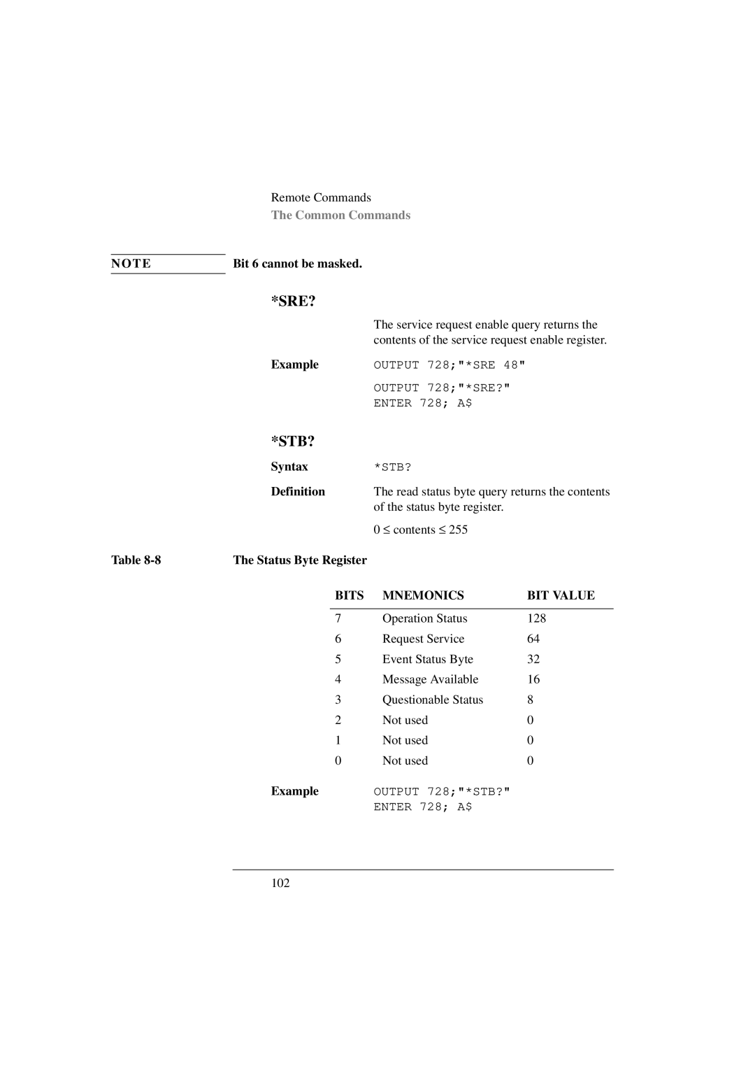 Agilent Technologies 8156A manual No T EBit 6 cannot be masked, Status Byte Register 