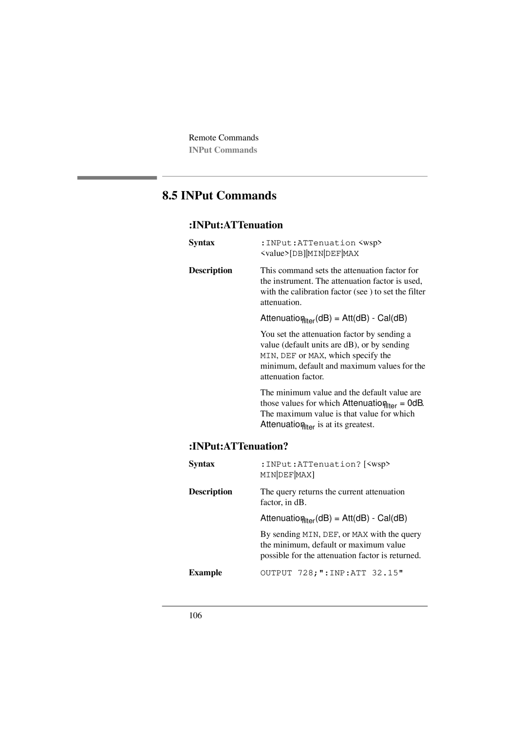 Agilent Technologies 8156A manual INPut Commands, INPutATTenuation? 