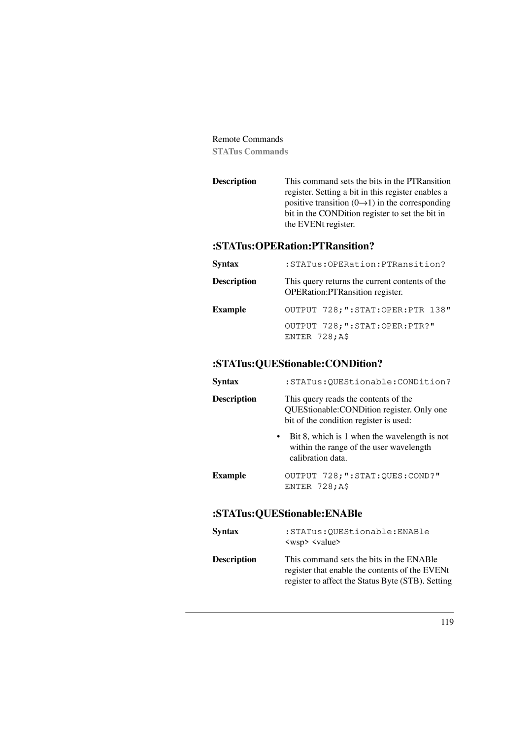 Agilent Technologies 8156A manual STATusOPERationPTRansition?, STATusQUEStionableCONDition?, STATusQUEStionableENABle 