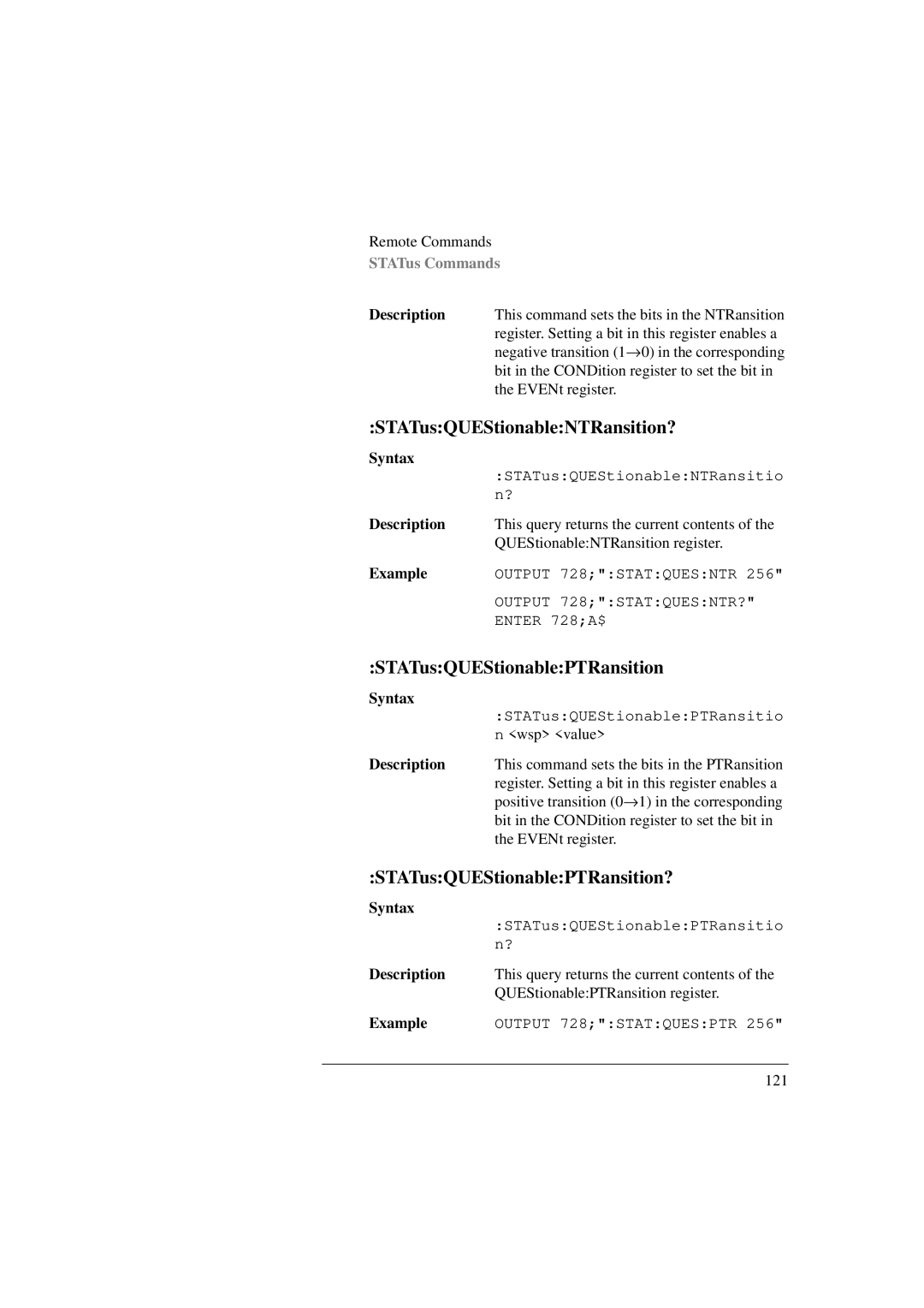 Agilent Technologies 8156A manual STATusQUEStionableNTRansition?, STATusQUEStionablePTRansition? 