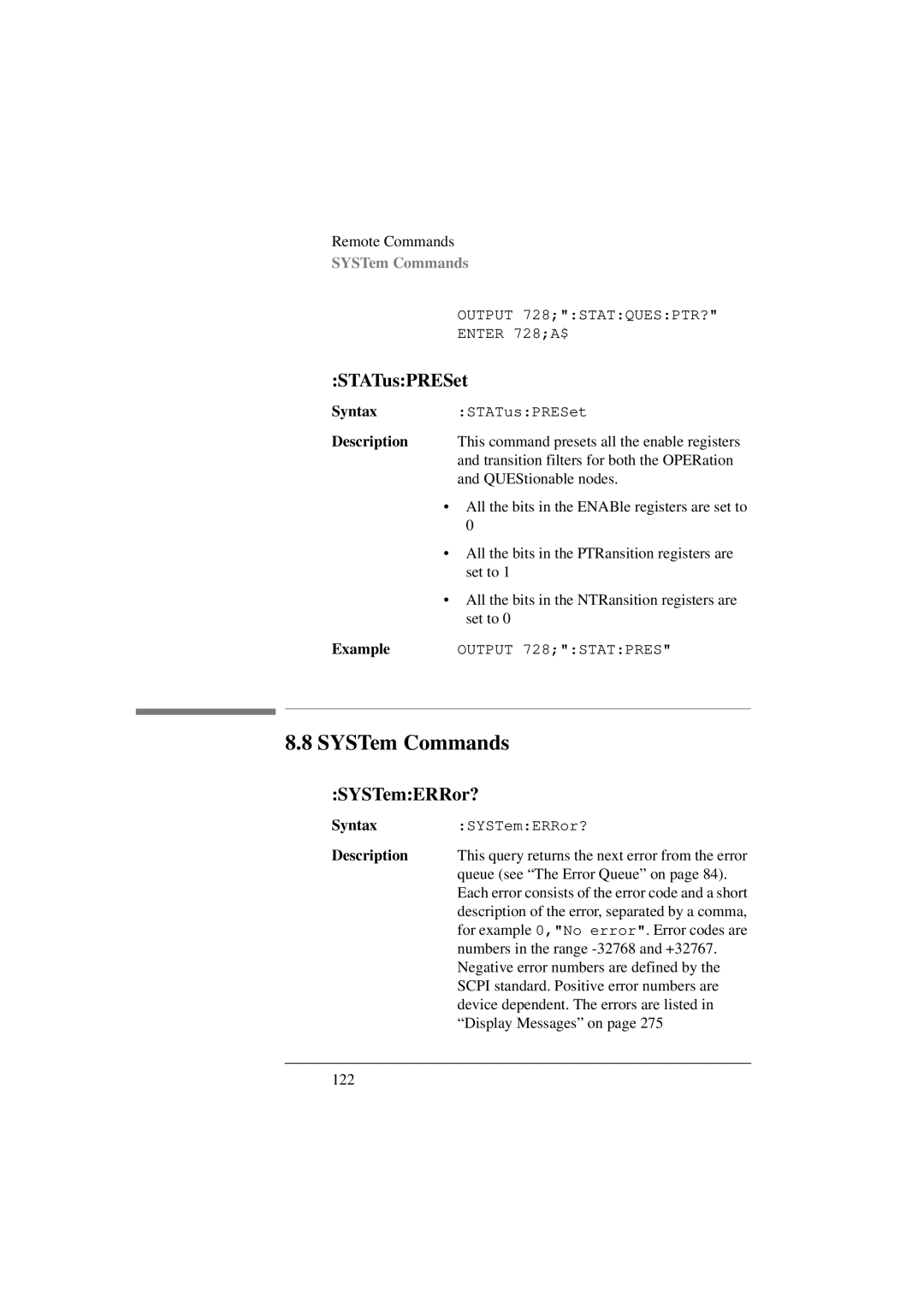 Agilent Technologies 8156A manual SYSTem Commands, STATusPRESet, SYSTemERRor? 