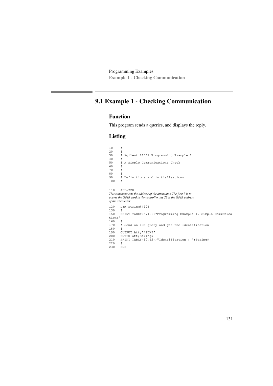 Agilent Technologies 8156A manual Example 1 Checking Communication, Function, Listing 