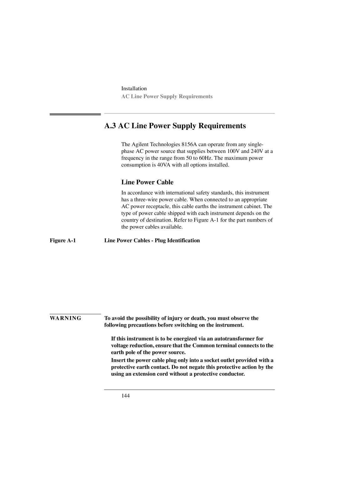 Agilent Technologies 8156A manual AC Line Power Supply Requirements, Line Power Cable 